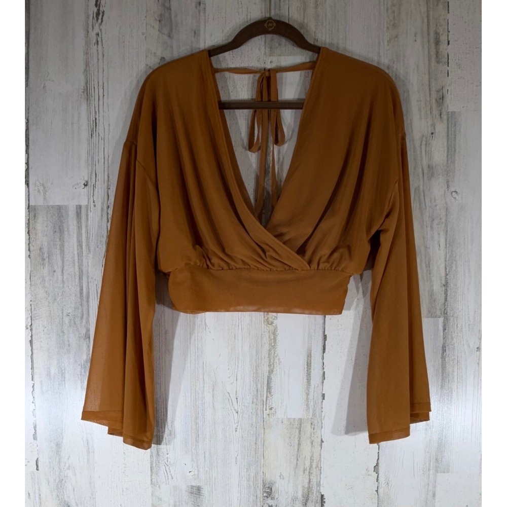 Free People Surplice Crop Top Blouse Size XS Open Back Tie Neck Gauze Rust Camel